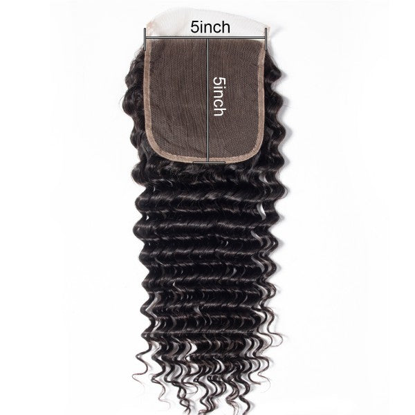 Premium #1B Natural Black Deep Wave Bundles with 5×5 Lace Closure |