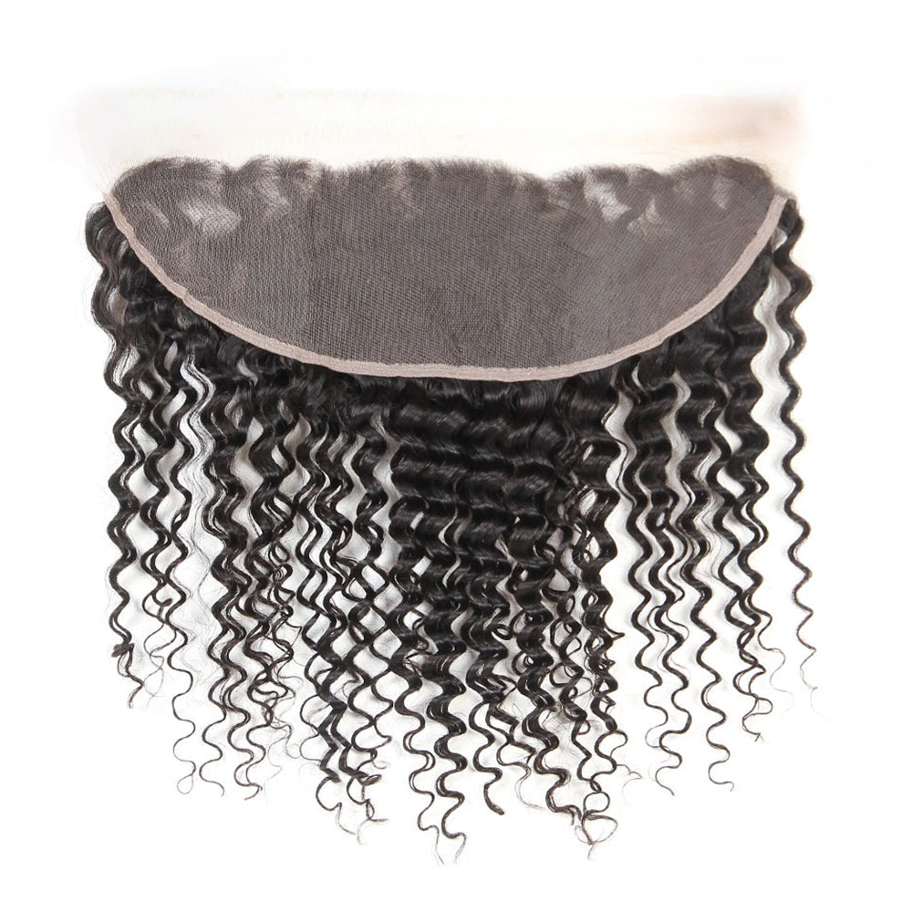 Premium #1B Natural Black Deep Curly Bundles with 13×4 Lace Frontal |