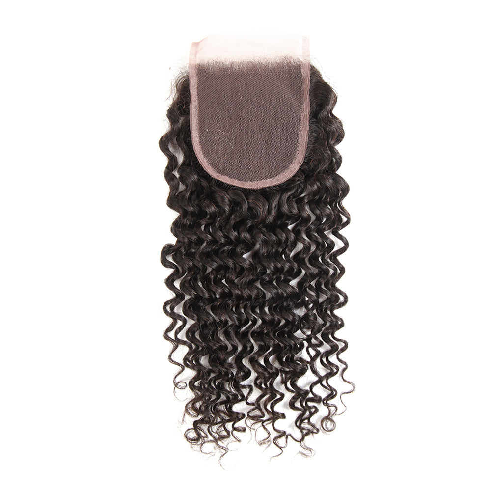 Premium #1B Natural Black Deep Curly Bundles with 4×4 Lace Closure |