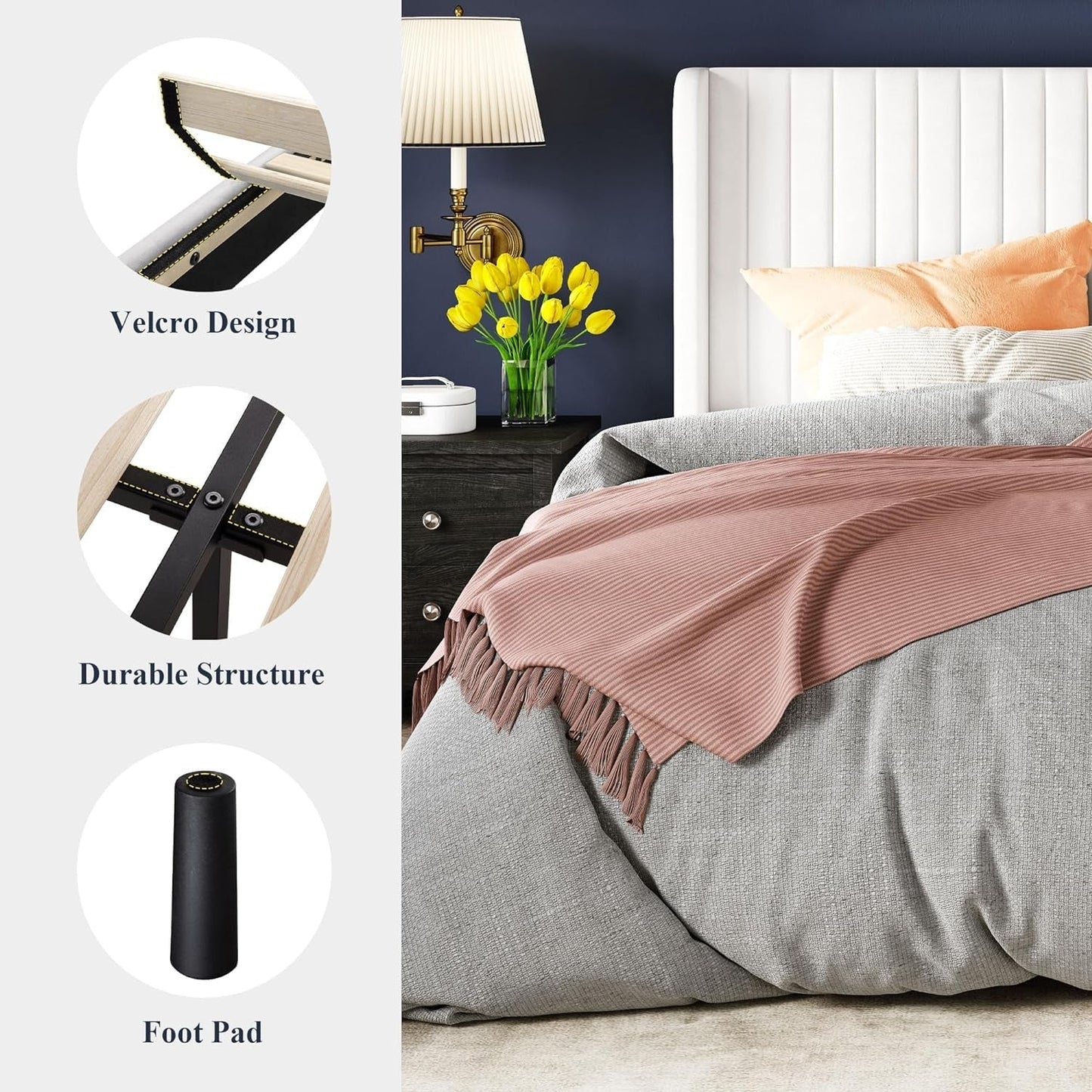 White Velvet Full Bed Frame Wingback, Easy Assembly.