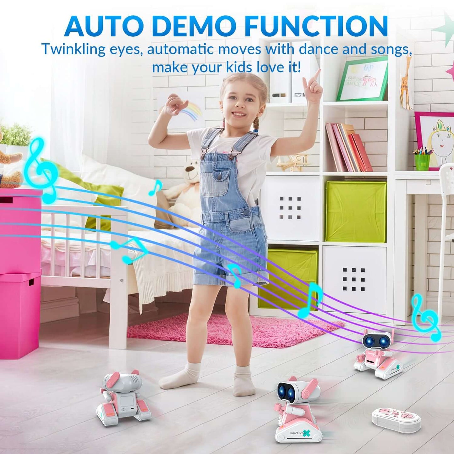 STEMTRON RC Robot Toy - Rechargeable, Auto Demo, Dance, Music, LED Eyes, 3 Colors