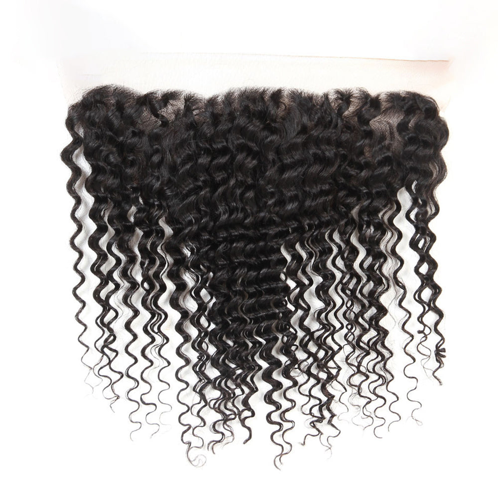 Premium #1B Natural Black Deep Curly Bundles with 13×4 Lace Frontal |