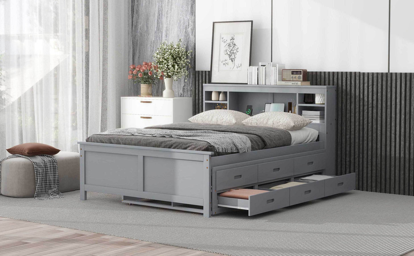 Full Size Platform Bed with Storage Headboard, USB, Twin Size Trundle