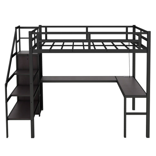 Full XL Size Loft Bed With L-shaped Desk And USB, Metal Loft Bed With