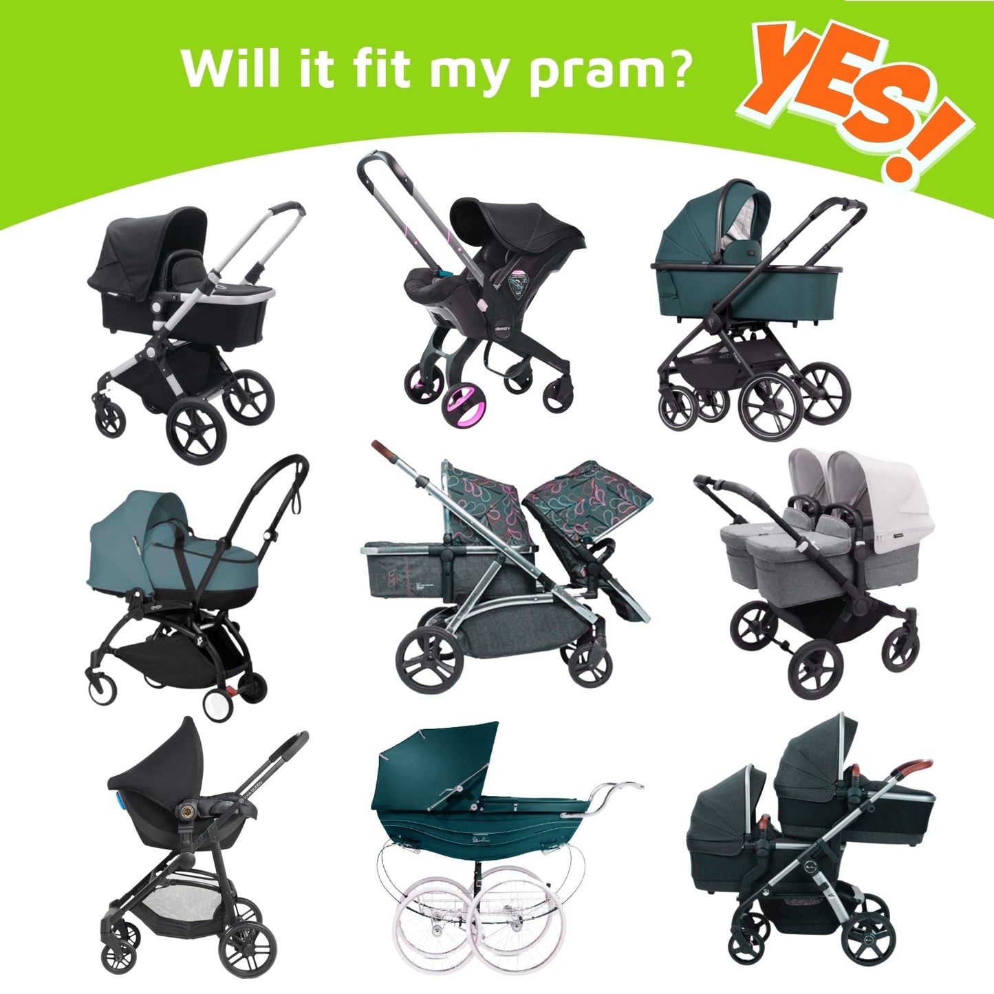 SnoozeShade Original Pram Sunshade & Baby Sleep Aid, 99% UV Protection for Newborns - Safety Green trim