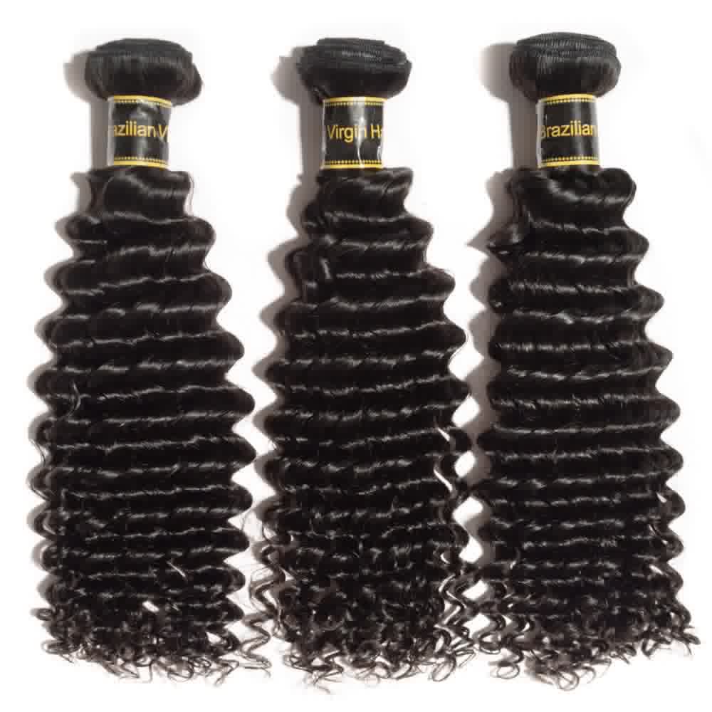 Premium #1B Natural Black Deep Curly Bundles with 13×4 Lace Frontal |