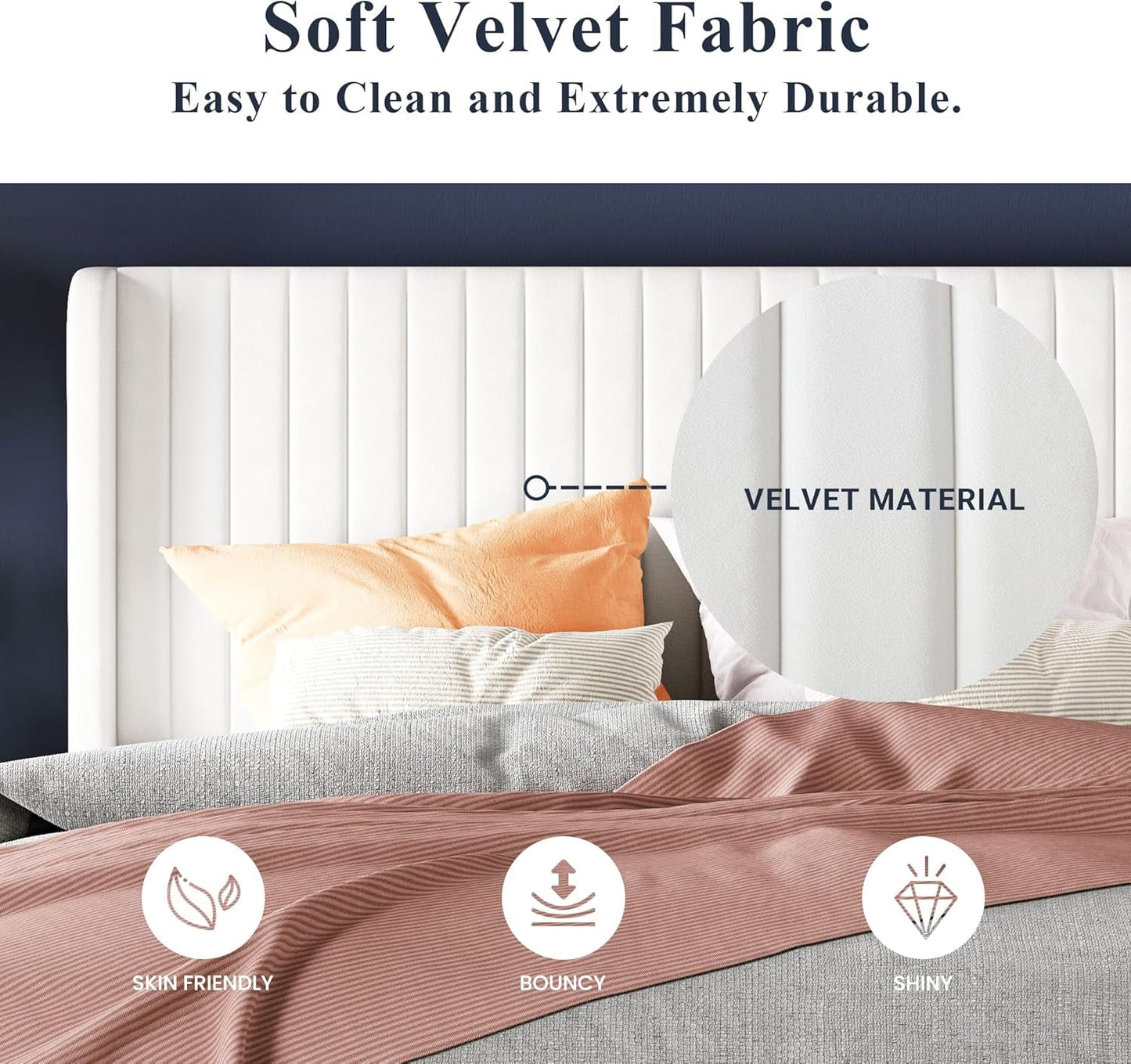 White Velvet Full Bed Frame Wingback, Easy Assembly.