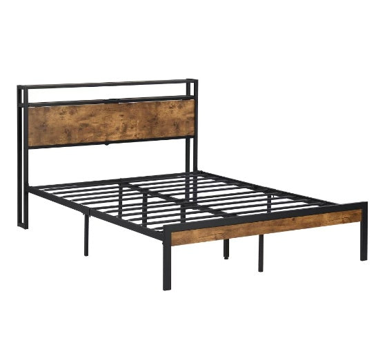 King Size Metal Platform Bed Frame With Wooden Headboard And Footboard