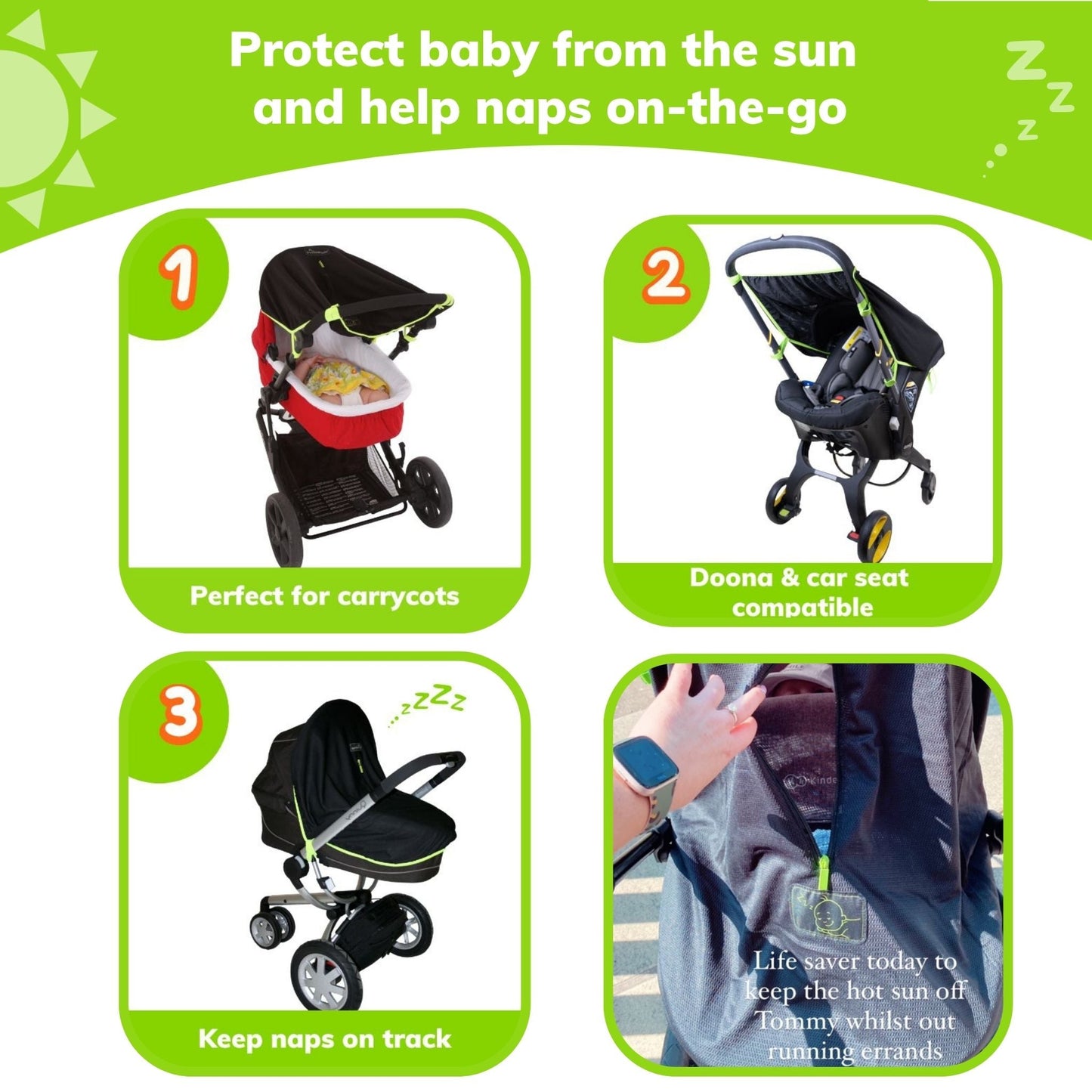 SnoozeShade Original Pram Sunshade & Baby Sleep Aid, 99% UV Protection for Newborns - Safety Green trim