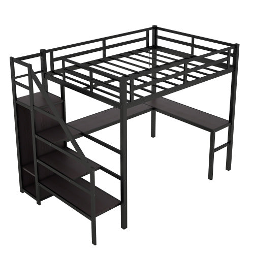 Full XL Size Loft Bed With L-shaped Desk And USB, Metal Loft Bed With