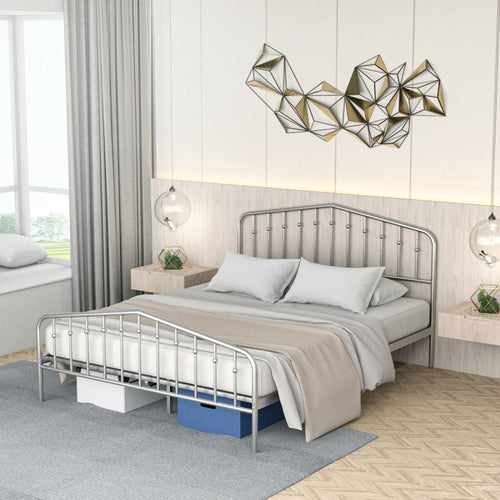 Queen Size Metal Platform Bed Frame with Vintage Headboard and