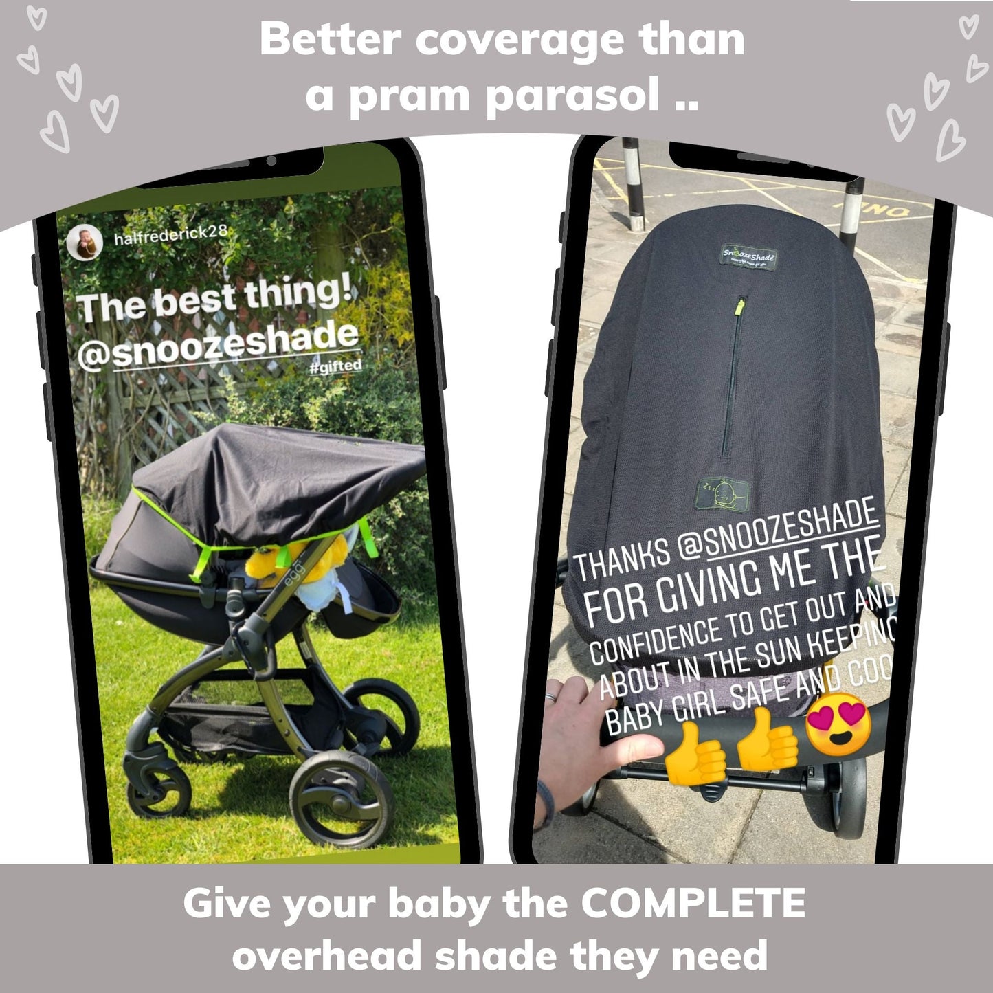 SnoozeShade Original Pram Sunshade - 99% UV Protection for Newborns - Limited Edition Grey Trim