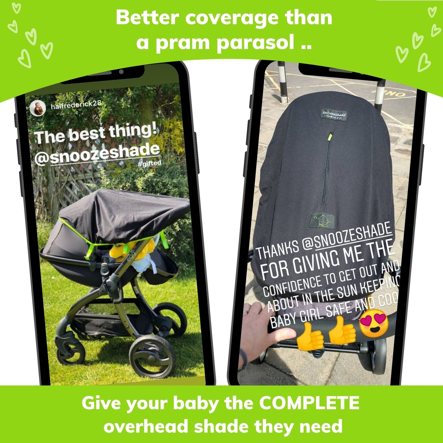 SnoozeShade Original Pram Sunshade & Baby Sleep Aid, 99% UV Protection for Newborns - Safety Green trim