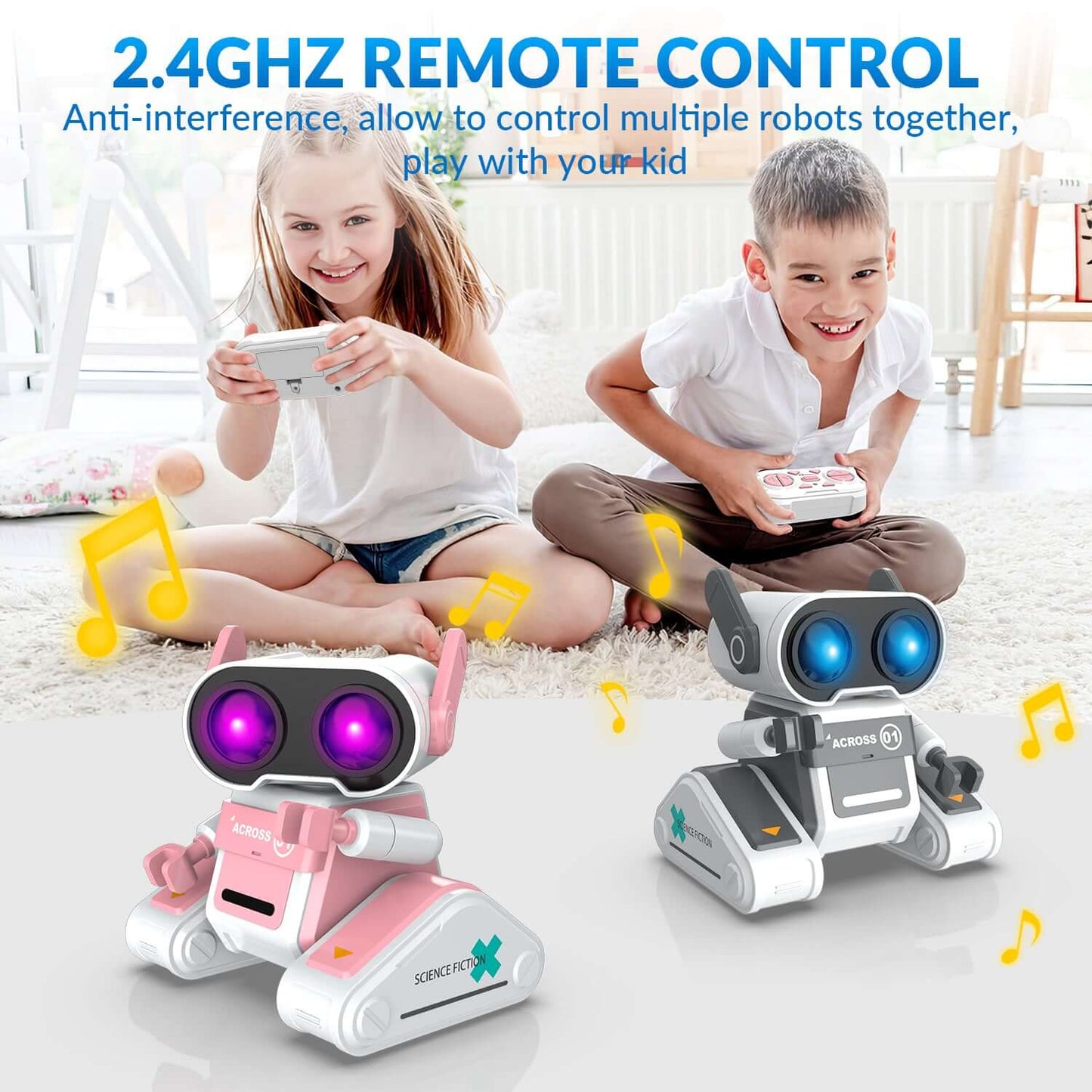 STEMTRON RC Robot Toy - Rechargeable, Auto Demo, Dance, Music, LED Eyes, 3 Colors