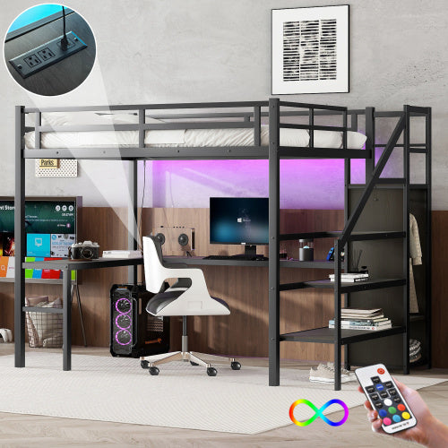 Full XL Size Loft Bed With L-shaped Desk And USB, Metal Loft Bed With