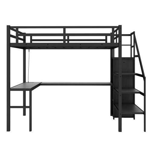 Full XL Size Loft Bed With L-shaped Desk And USB, Metal Loft Bed With
