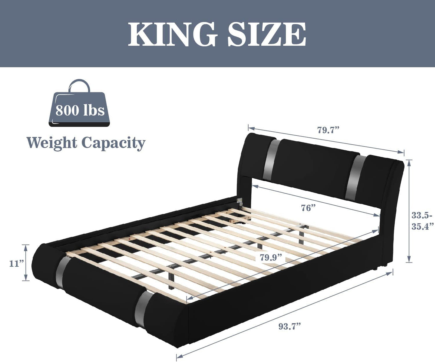 Black King Leather Bed, Adjustable Curved Headboard, Modern