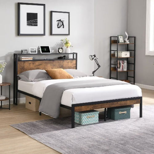 King Size Metal Platform Bed Frame With Wooden Headboard And Footboard
