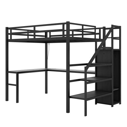 Full XL Size Loft Bed With L-shaped Desk And USB, Metal Loft Bed With