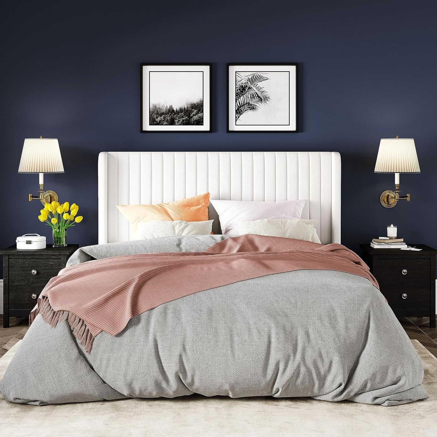 White Velvet Full Bed Frame Wingback, Easy Assembly.