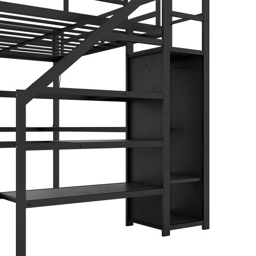 Full XL Size Loft Bed With L-shaped Desk And USB, Metal Loft Bed With