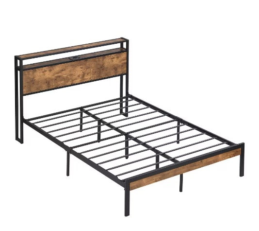 King Size Metal Platform Bed Frame With Wooden Headboard And Footboard
