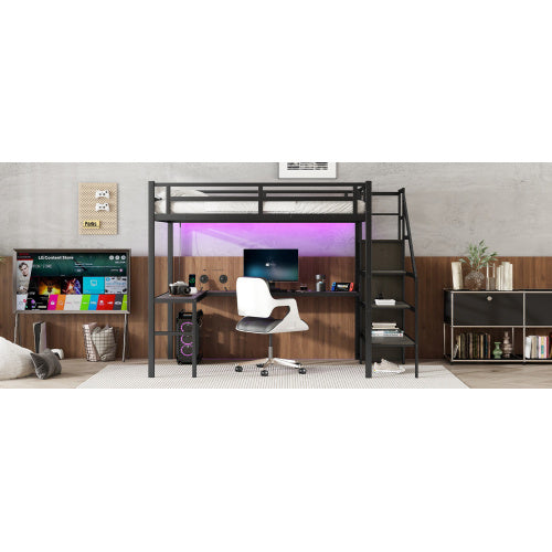 Full XL Size Loft Bed With L-shaped Desk And USB, Metal Loft Bed With