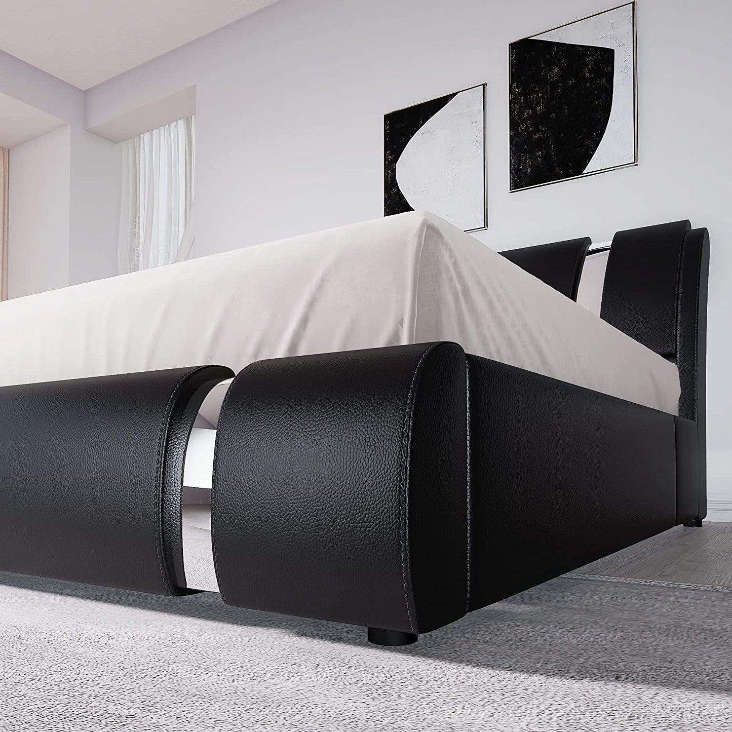 Black King Leather Bed, Adjustable Curved Headboard, Modern