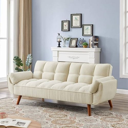 Mid-Century Modern Sleeper Sofa Bed in Beige Linen Polyester Tufted