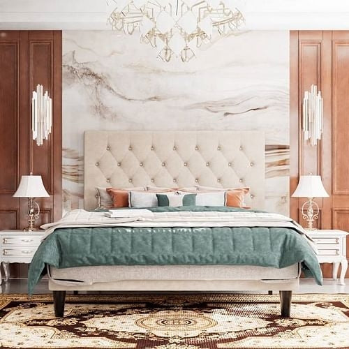 Full Size Beige Linen Upholstered Platform Bed with Button-Tufted