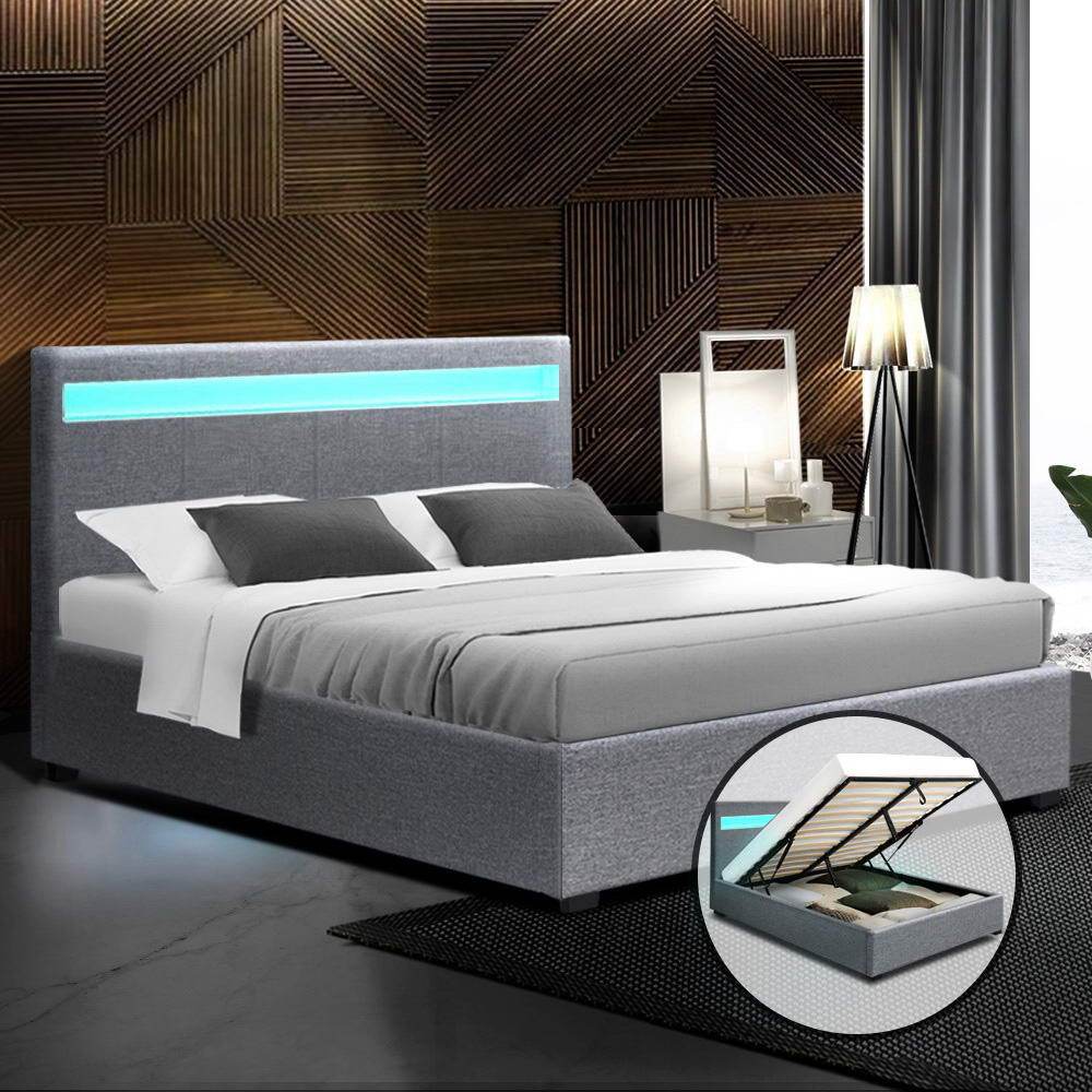 Artiss Bed Frame Double Size LED Gas Lift Grey COLE