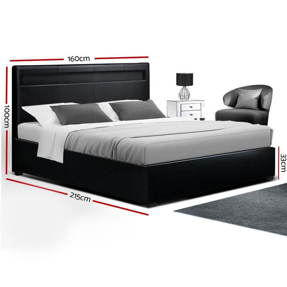 Artiss Bed Frame Queen Size LED Gas Lift Black COLE