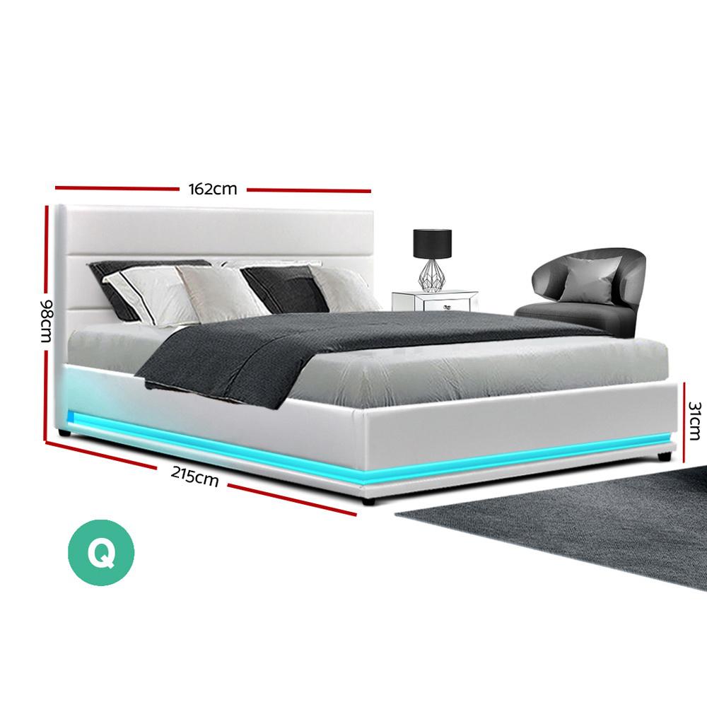 Artiss Bed Frame Queen Size LED Gas Lift White LUMI