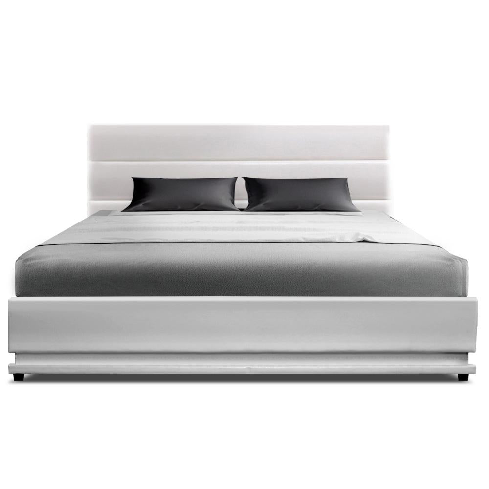 Artiss Bed Frame Queen Size LED Gas Lift White LUMI