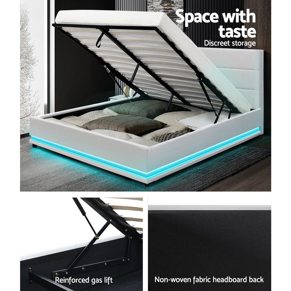 Artiss Bed Frame Queen Size LED Gas Lift White LUMI