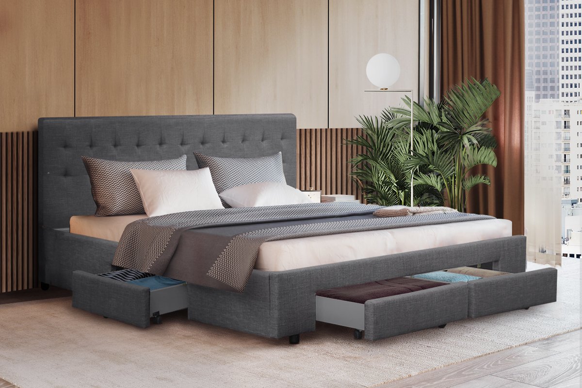 Artiss Bed Frame King Size with 4 Drawers Grey AVIO