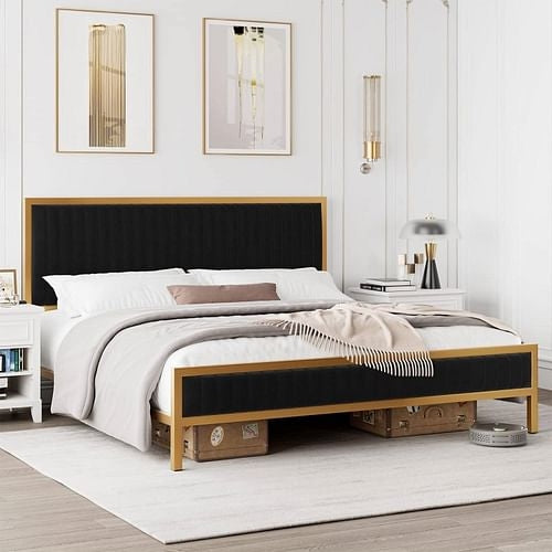 Full size Gold Metal Platform Bed Frame with Black Velvet Upholstered
