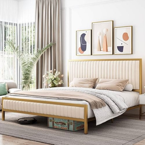 Full size Gold Metal Platform Bed Frame with Beige White Upholstered