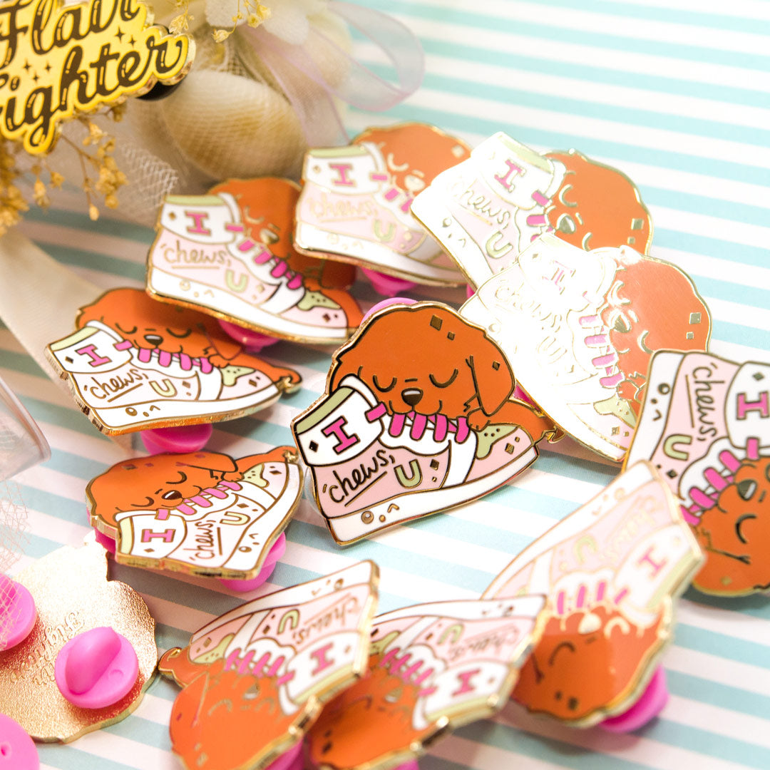 "I Chews U" Golden Retriever Shoe Enamel Pin-1