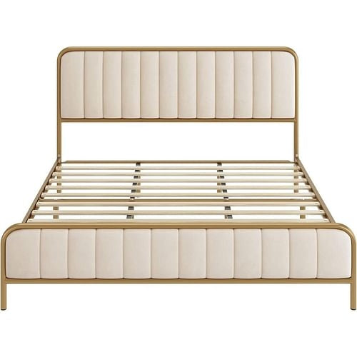 Queen size Gold Metal Platform Bed Frame with Off-White Upholstered