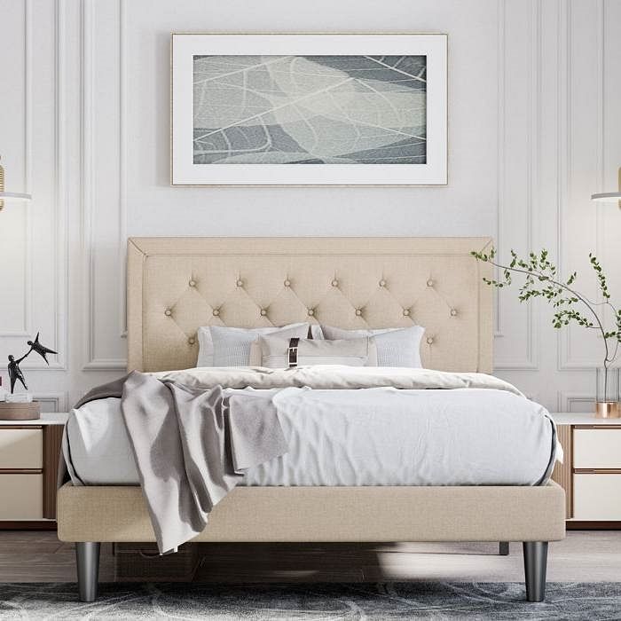 Queen Adjustable Height Platform Bed Frame with Beige Upholstered
