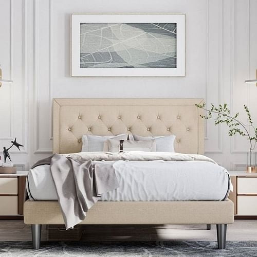 Queen Adjustable Height Platform Bed Frame with Beige Upholstered