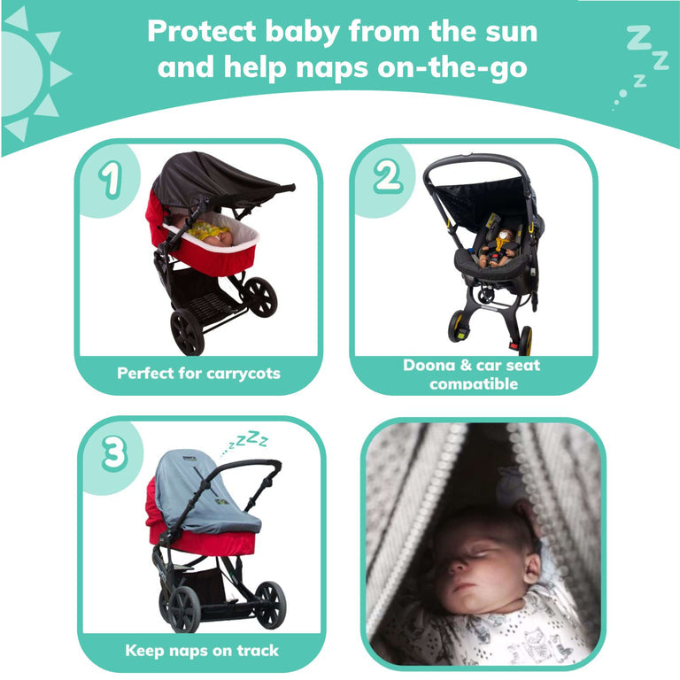 SnoozeShade Original Deluxe (0-6m) Universal-fit sunshade for prams & carrycots ; Better than a pram parasol & Doona compatible; Blocks 97.5% of UV