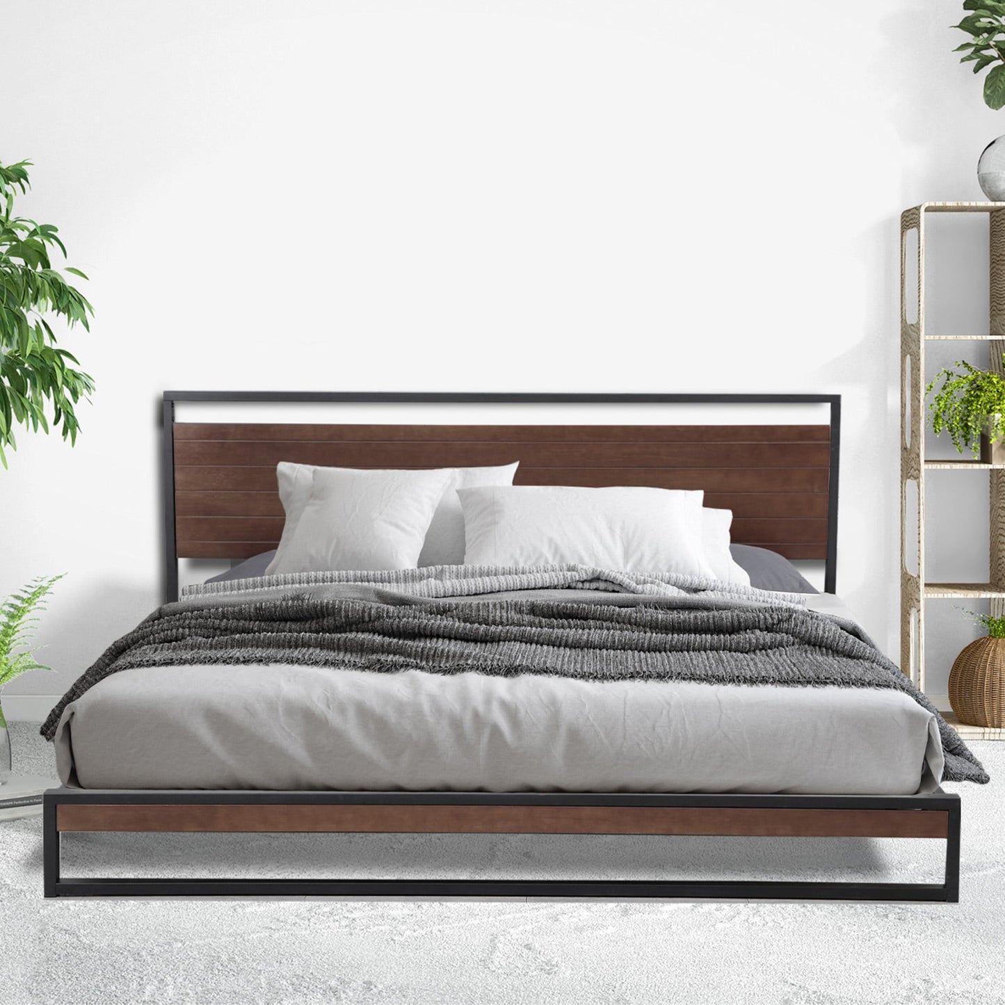 Milano Decor Azure Bed Frame With Headboard Black Wood Steel Platform