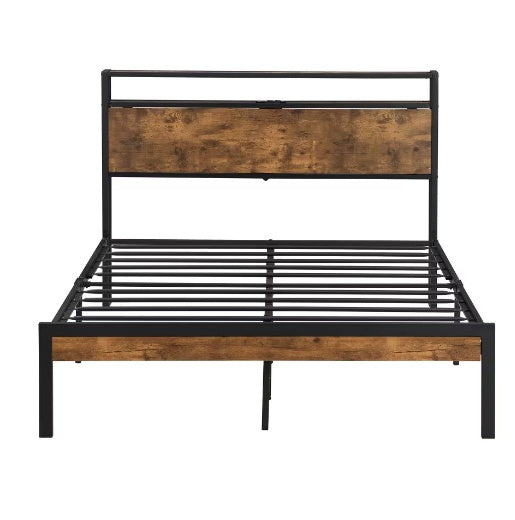 King Size Metal Platform Bed Frame With Wooden Headboard And Footboard