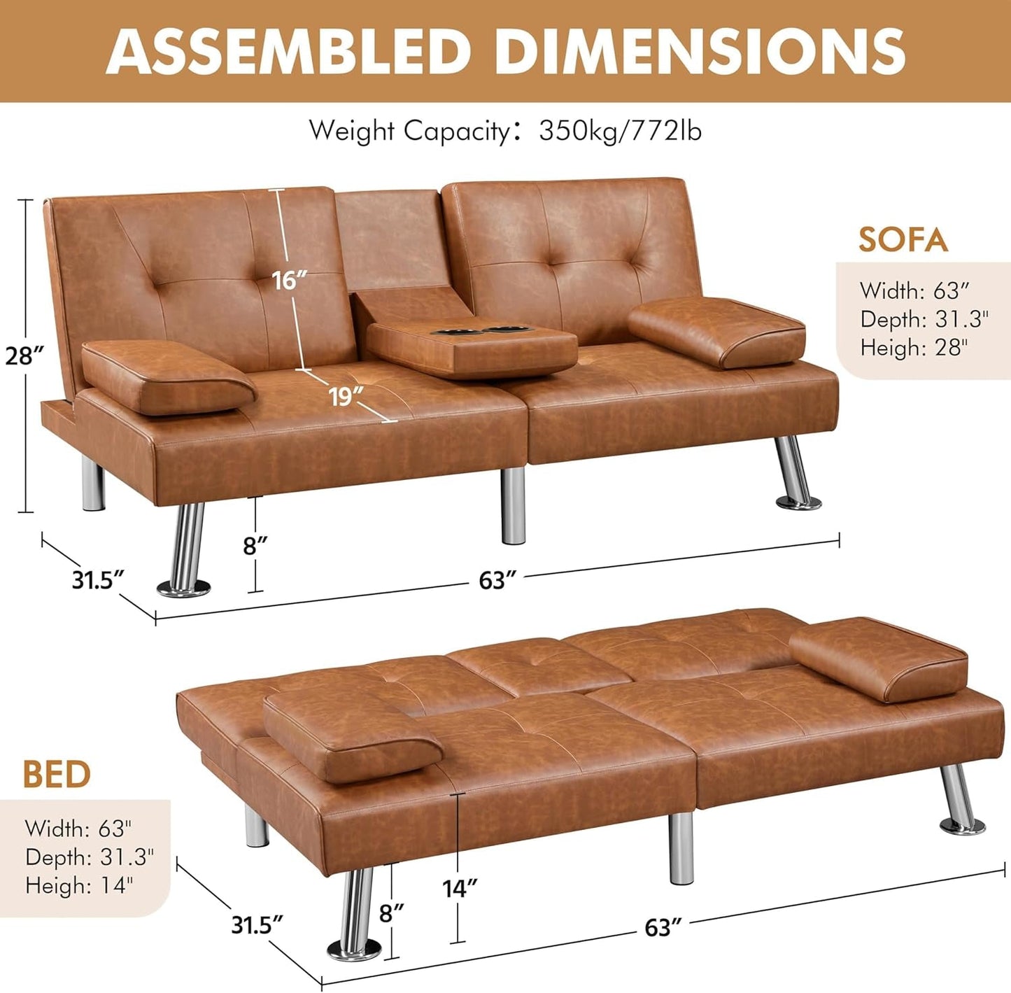 Convertible Sofa Bed Adjustable Couch Sleeper Modern Faux Leather Home