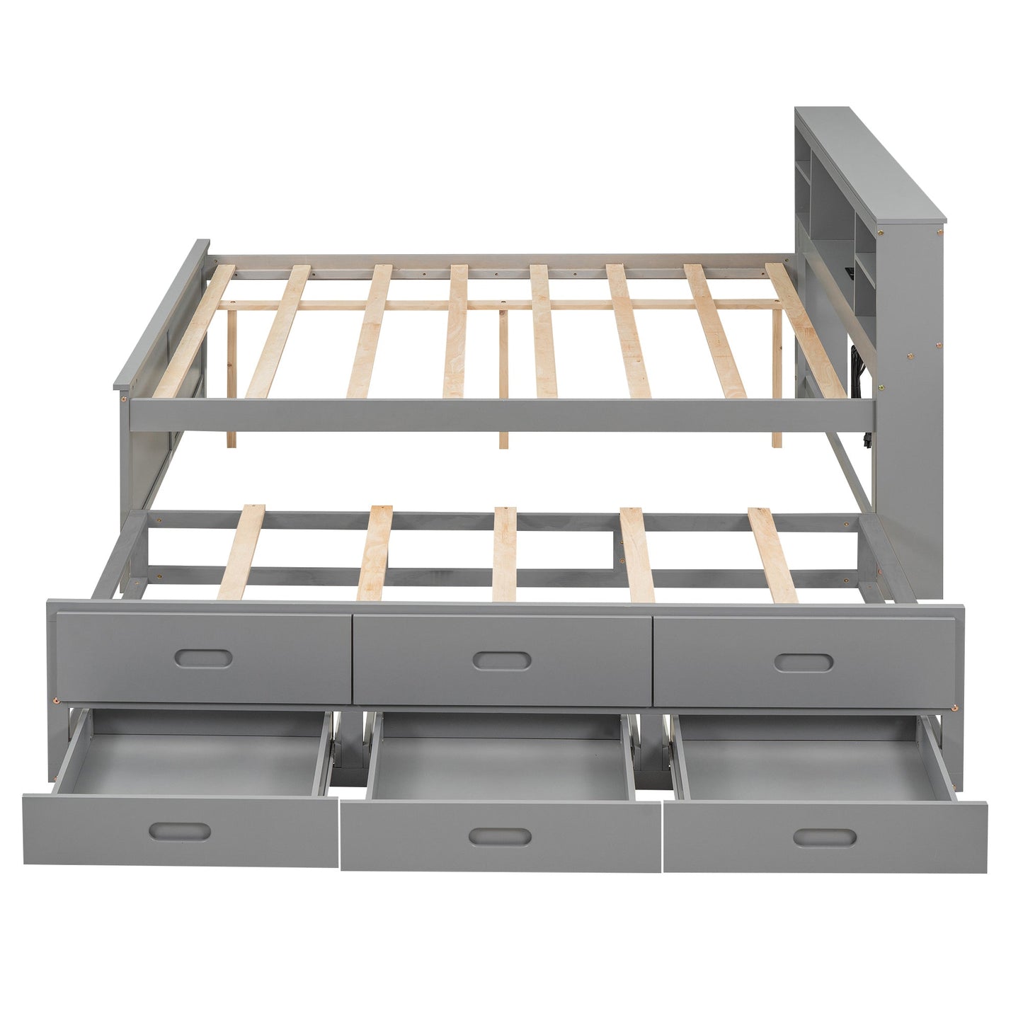 Full Size Platform Bed with Storage Headboard, USB, Twin Size Trundle