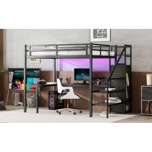 Full XL Size Loft Bed With L-shaped Desk And USB, Metal Loft Bed With