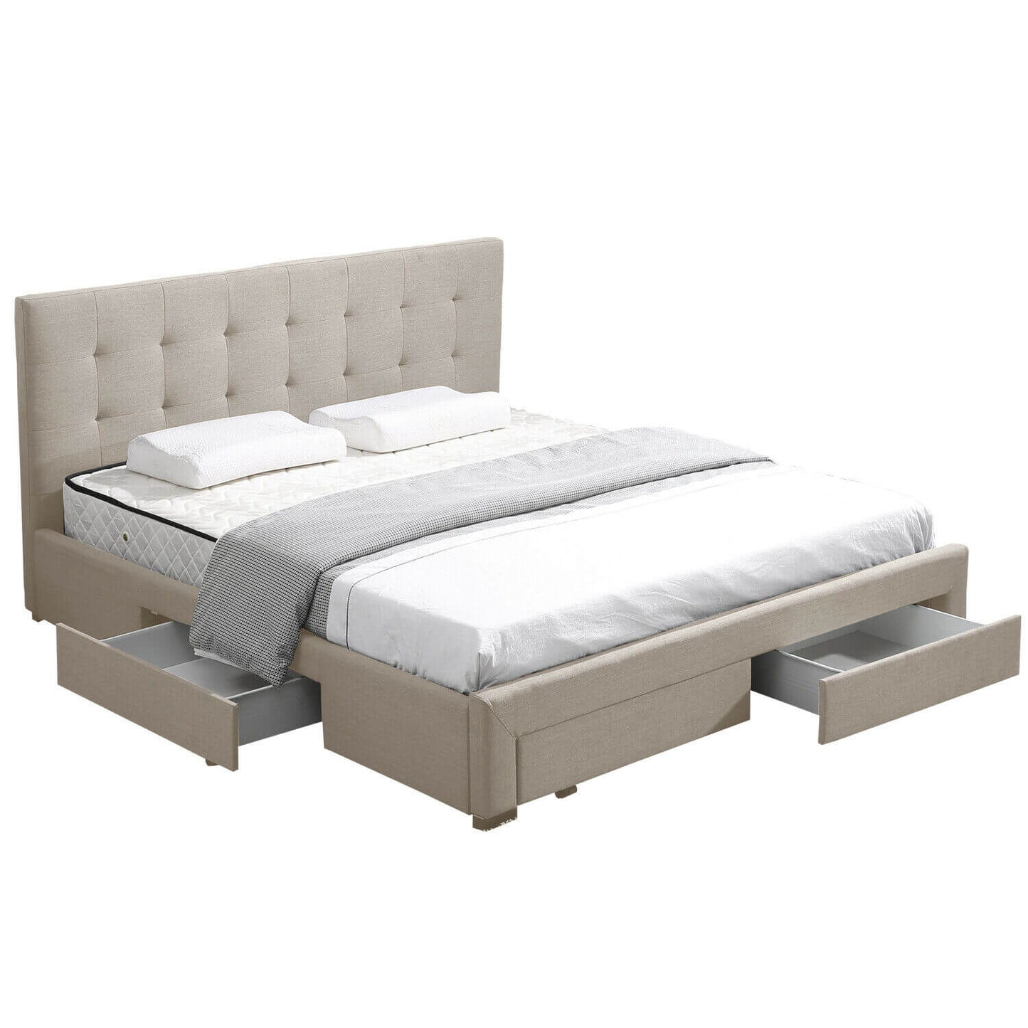 Levede Bed Frame King Fabric With Drawers Storage Beige