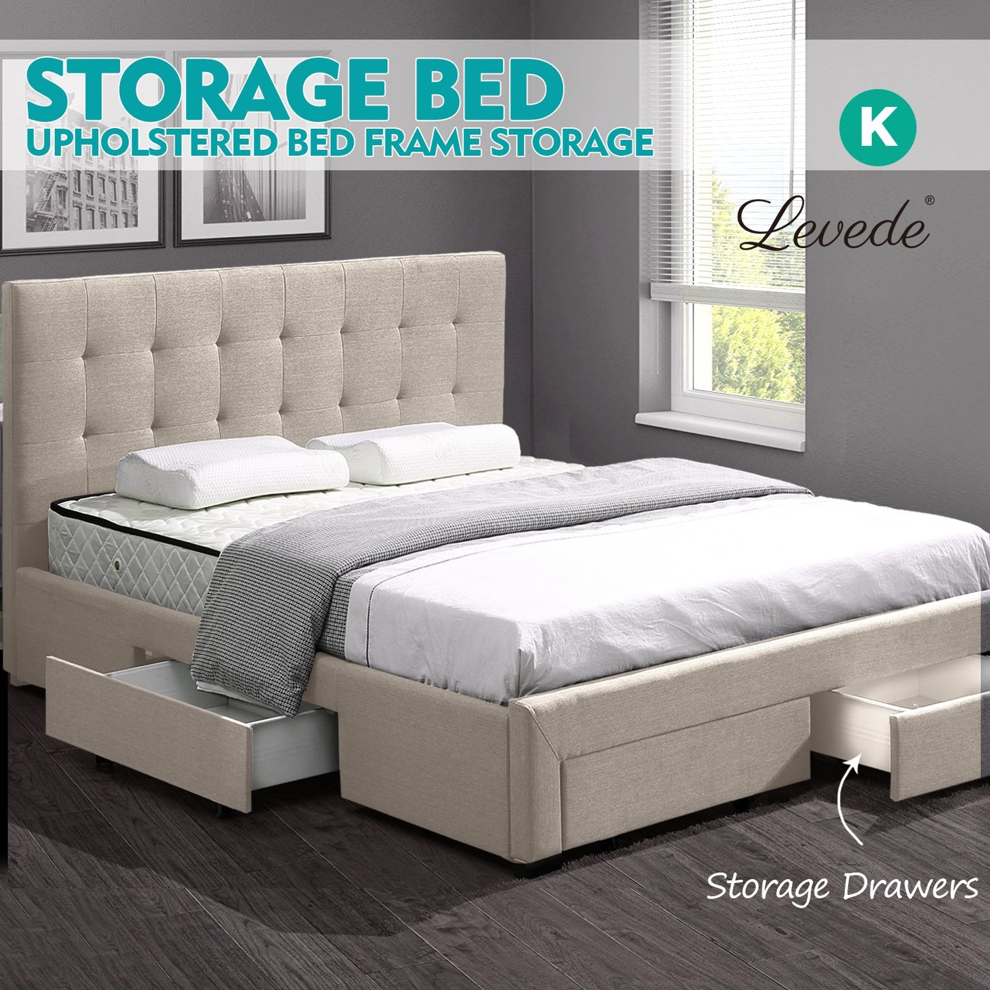 Levede Bed Frame King Fabric With Drawers Storage Beige